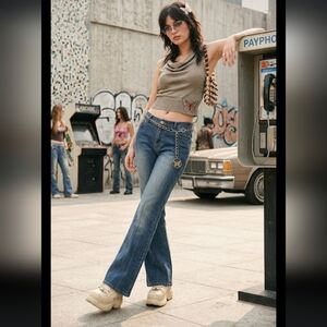 Vtg Y2K L.A. Blues Flare Jeans Vertical Stitch Detail Medium Wash Denim Size 8